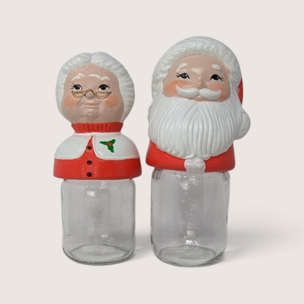 Vintage Ceramic Mr And Mrs Claus Mason Jar Topper Set With Glass Bases